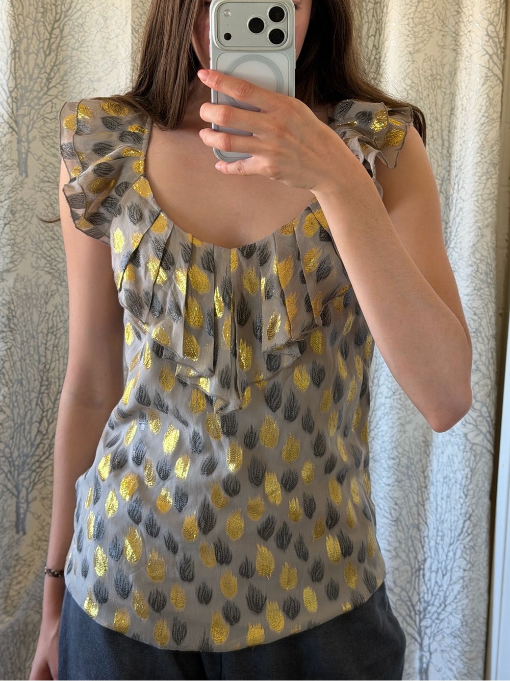 Leifsdottir Metallic Firewing Gold Leaf Ruffle V-Neck Top Blouse